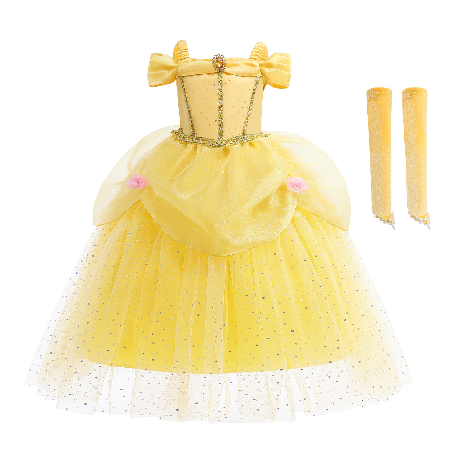 Girls Off Shoulder Sequins Belle Princess Tulle Dress Masquerade Ball with Cuff